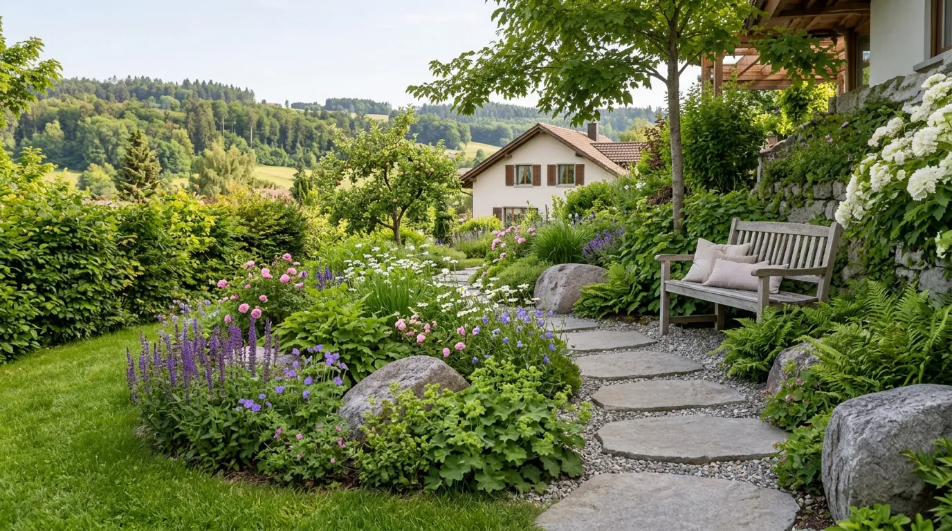 Gepflegter Garten mit Hecke, Stauden und Naturstein