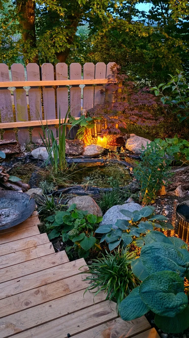 Kleiner Gartenteich mit Findlingen, Uferbepflanzung und warm leuchtender Gartenleuchte am Abend