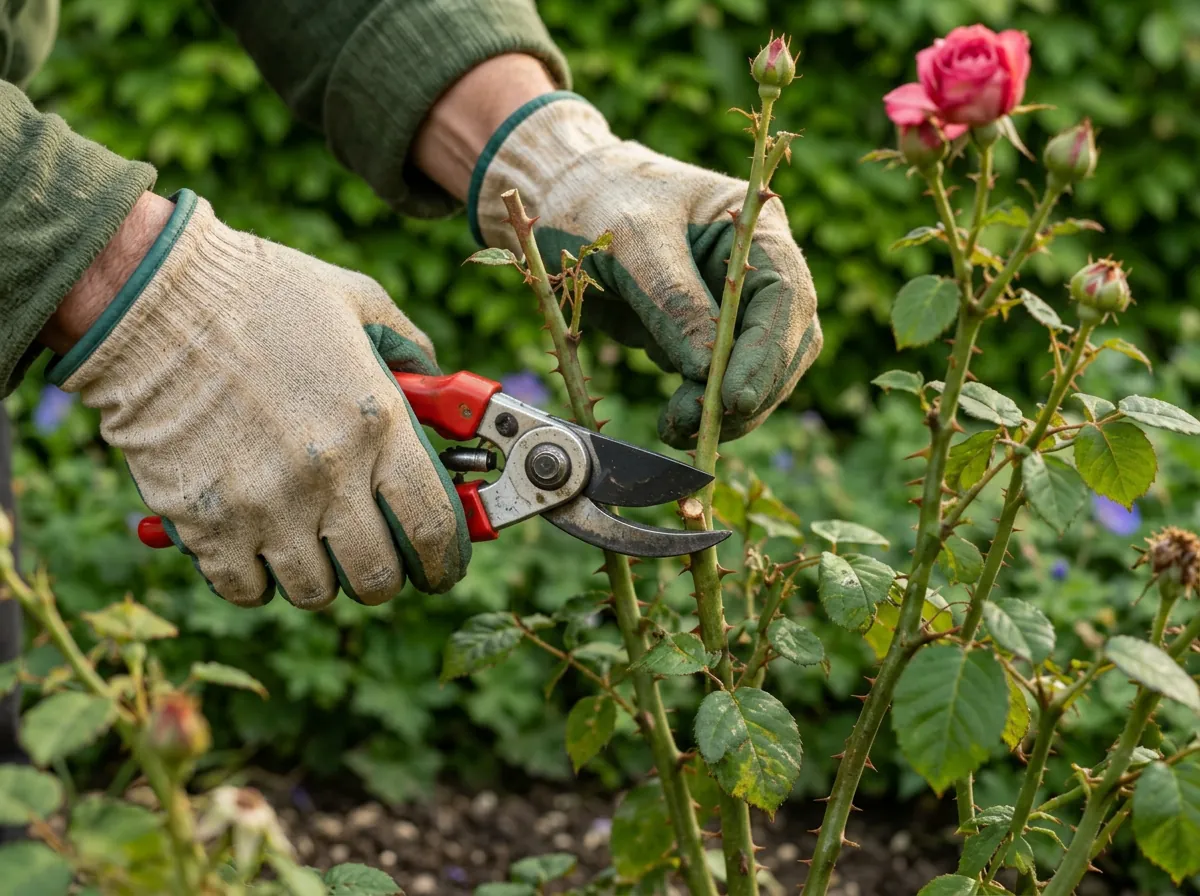 Gärtner bei der Rosenpflege