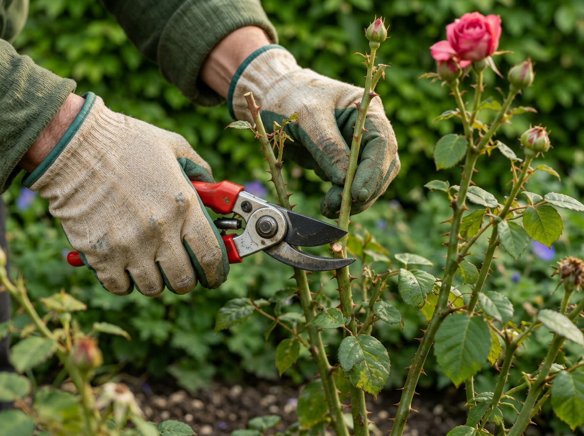 Gärtner bei der Rosenpflege