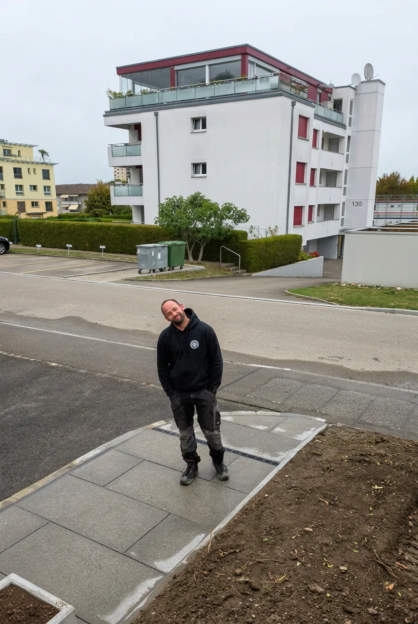 Norbert Zoltan Nagy auf einer frisch verlegten Verbundsteinfläche